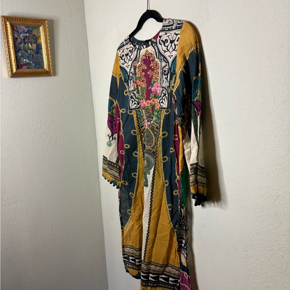 J. Pret Bohemian Floral Print Tunic Dress in Mustard, Teal & Burgundy Size Mediu - Picture 2 of 6
